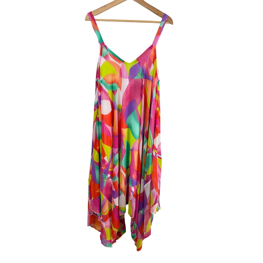 Nina Leonard Hankerchief Hem Dress Size XL Hot Pink Multi Abstract